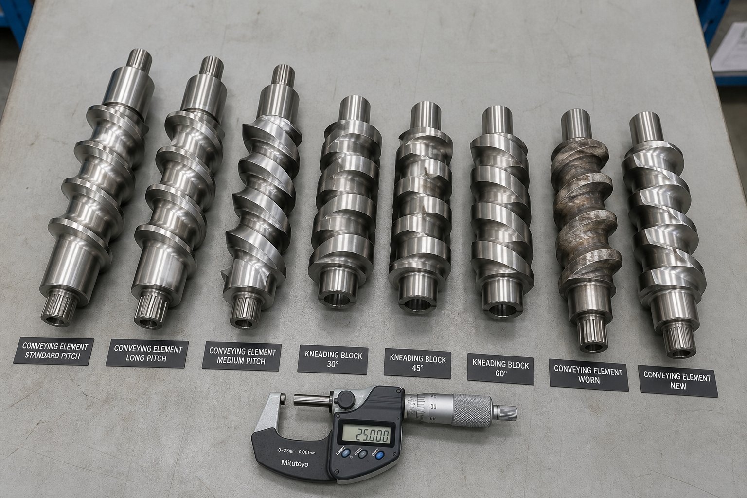 side feeder screw elements showing wear progression compared to a new element during maintenance inspection