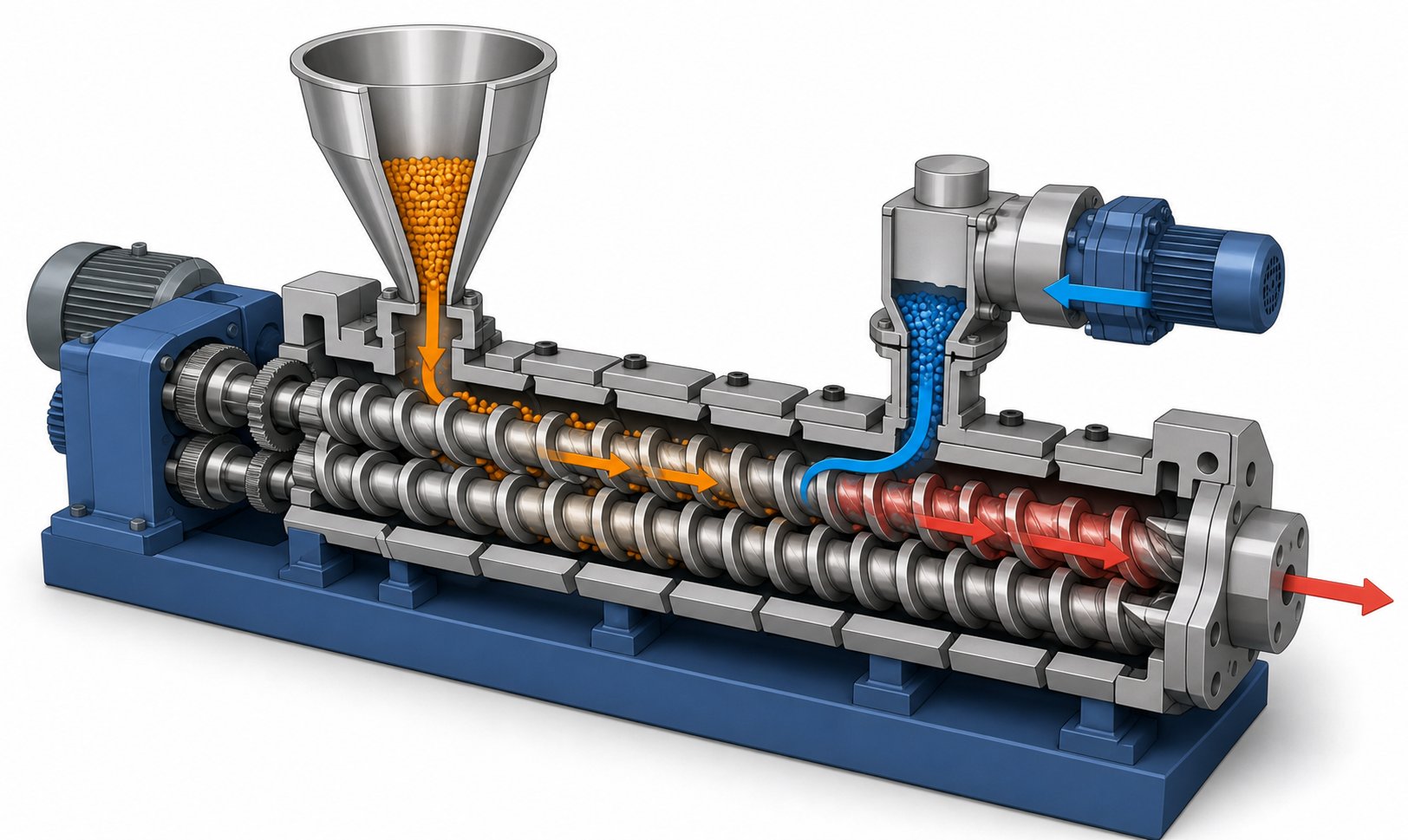 twin screw extruder with main hopper and downstream side feeder showing two distinct material entry points