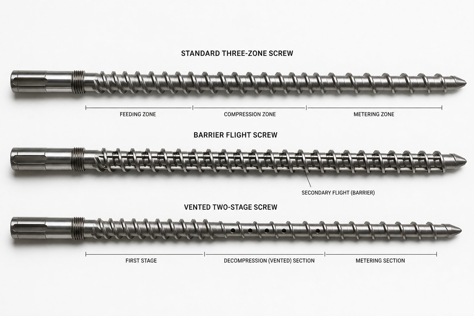 comparison of standard barrier flight and vented two stage single screw designs
