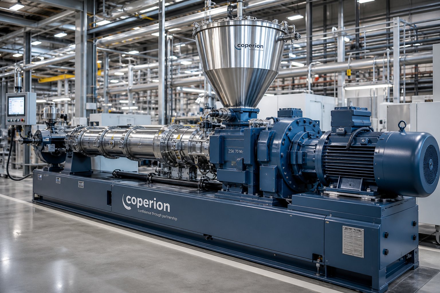 industrial single screw extruder machine on a production floor showing barrel hopper and drive system