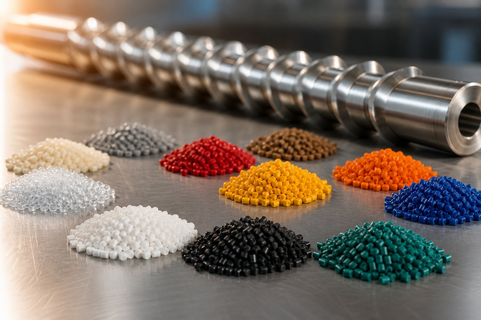 various polymer pellets and granules alongside a single screw representing material to machine compatibility
