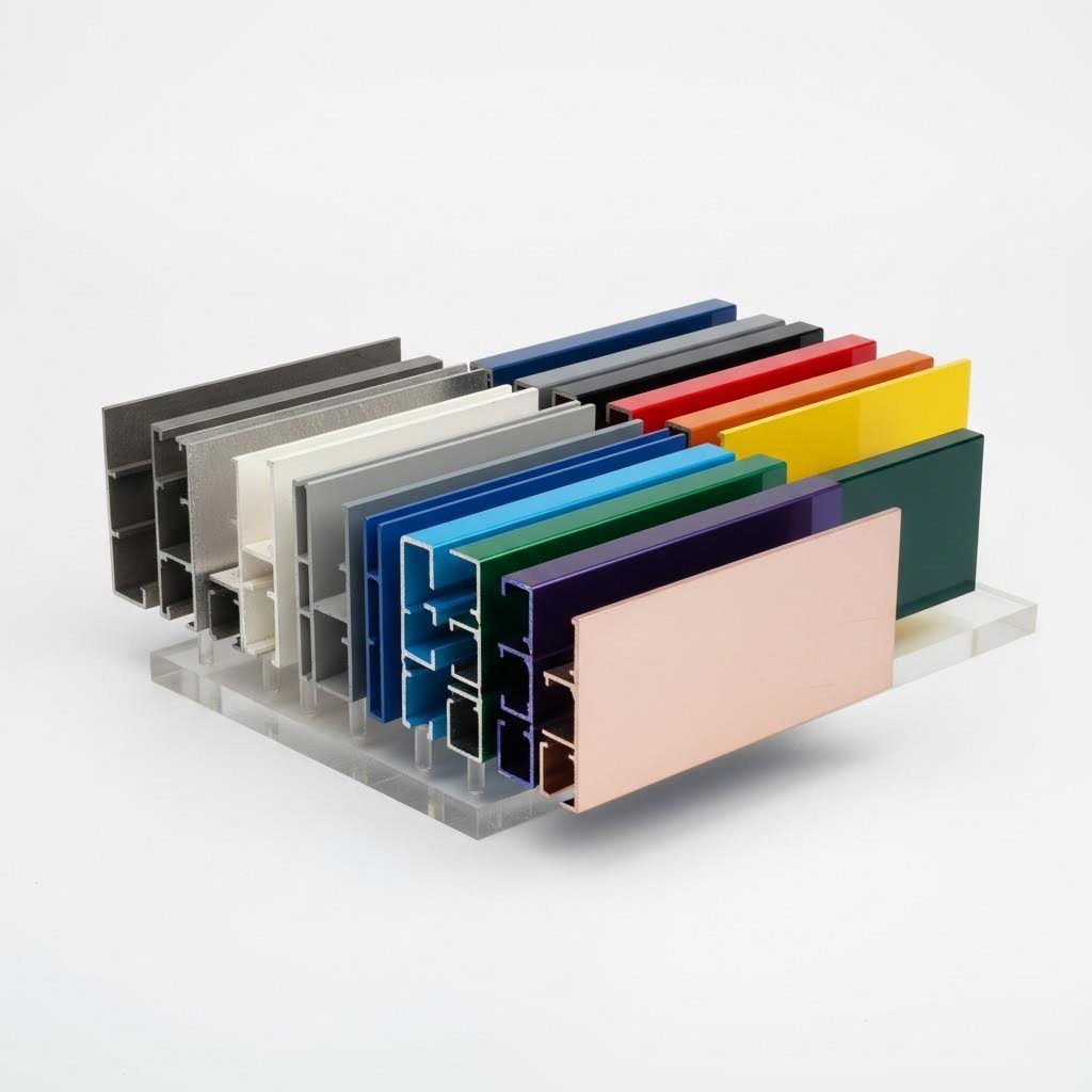 aluminum extrusion samples showing the range of surface finishing options from mill finish to anodized and powder coated
