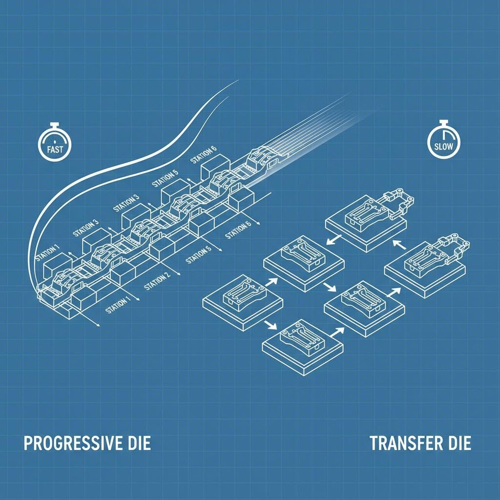 Progressive die strip versus transfer die mechanical movement diagram