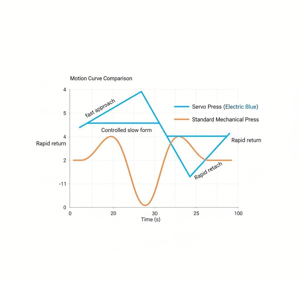 Servo press programmable velocity curve maximizing cycle efficiency