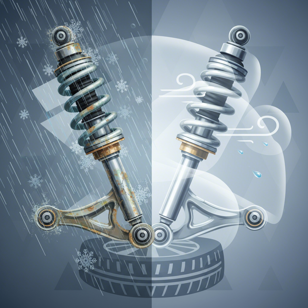 conceptual art showing a vehicles suspension control arm being affected by different climate conditions