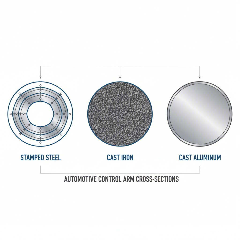 diagram comparing the internal structure of stamped steel cast iron and aluminum control arms