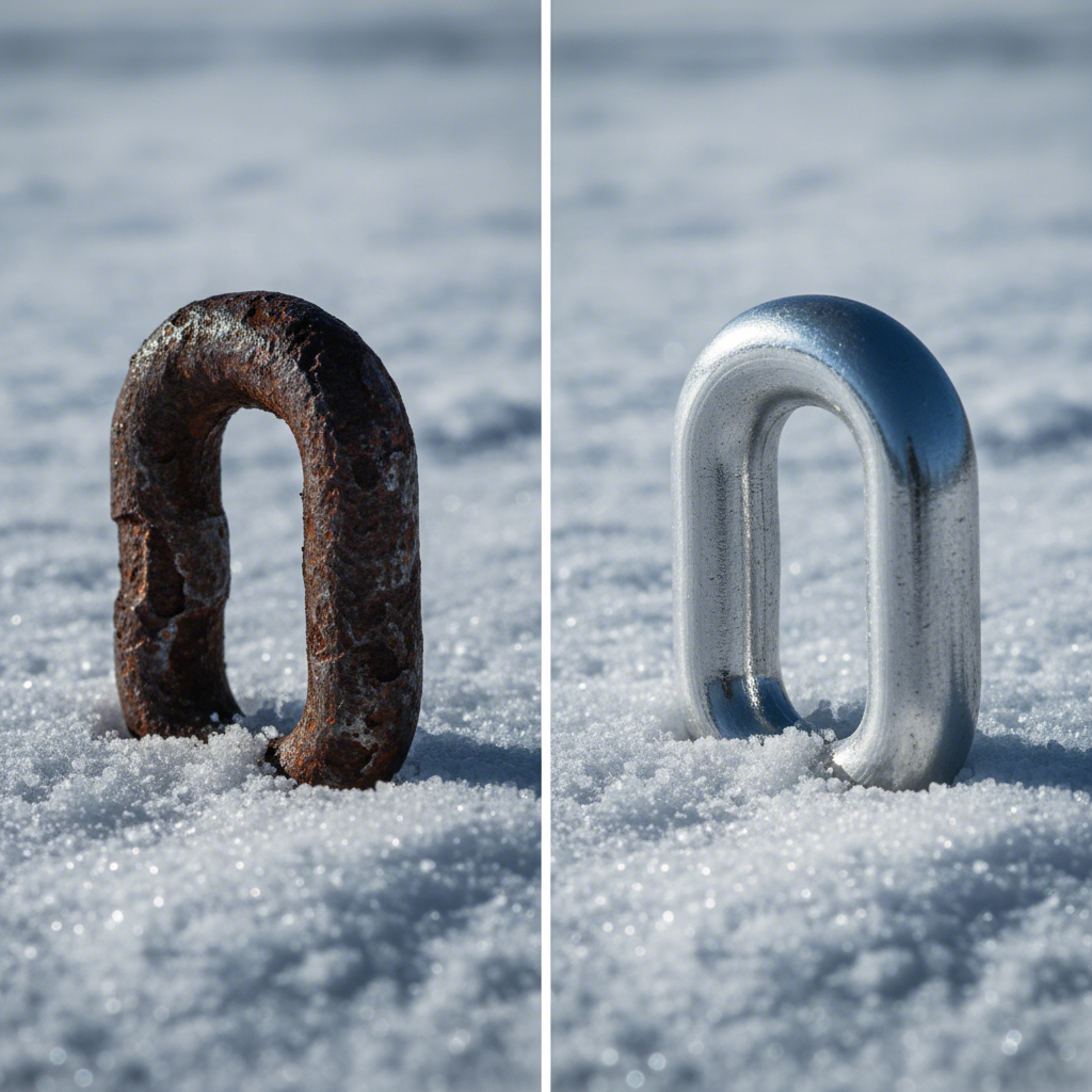 visual metaphor of steel corroding in salt while aluminum remains pristine representing control arm materials