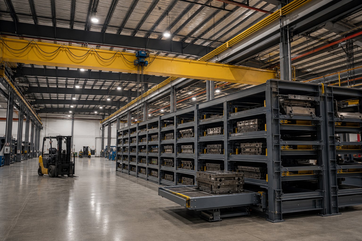 info-1-1 facility layout showing overhead crane access and forklift aisle clearance for die storage racking integration