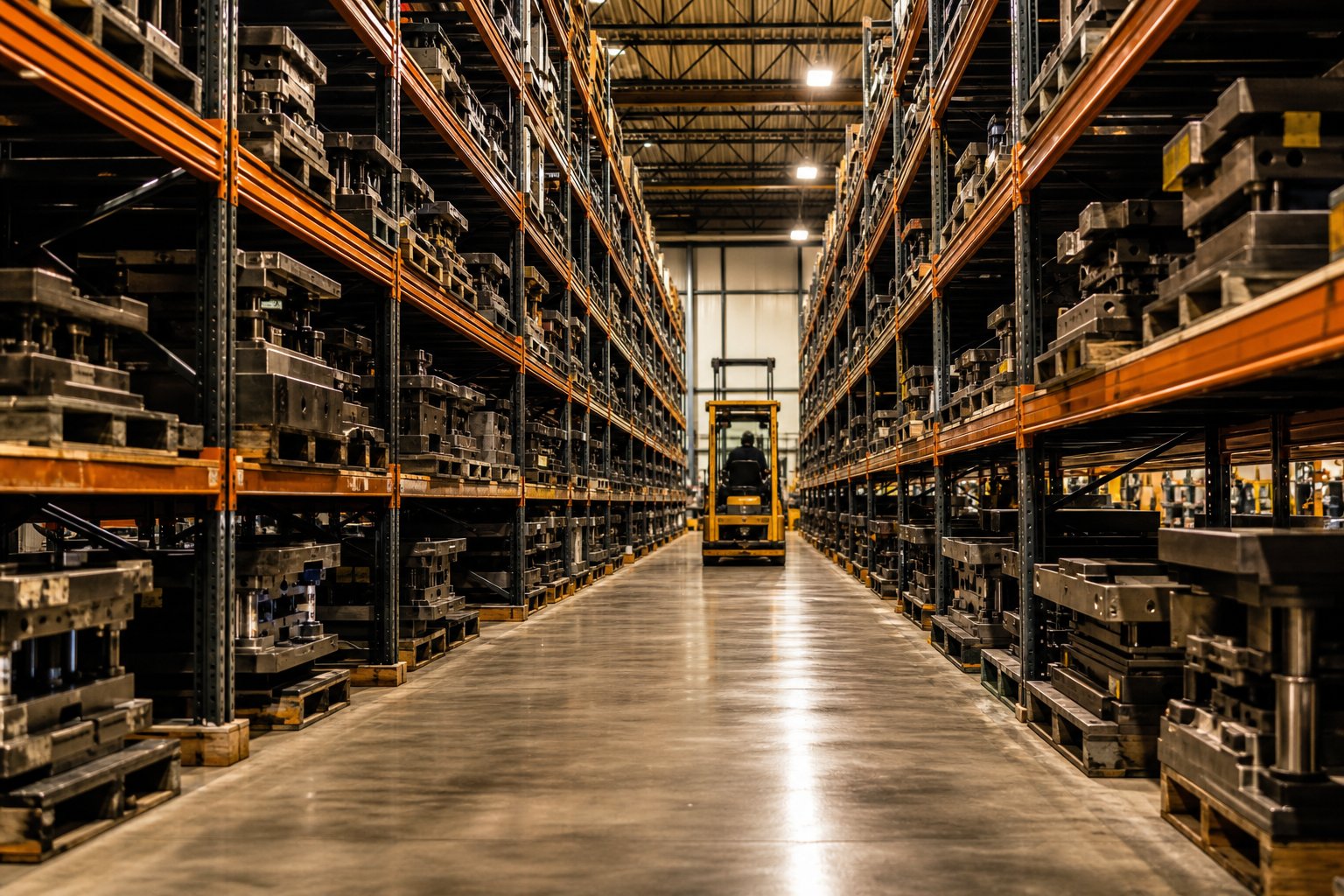 info-1-1 heavy duty stamping die storage racking systems organized in an industrial facility with forklift access aisles