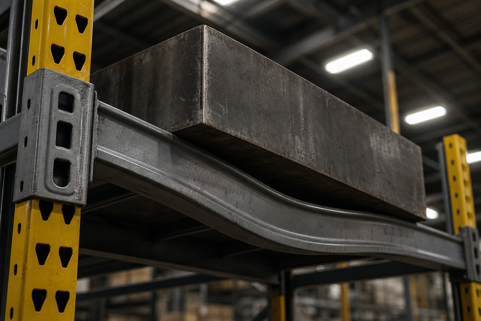 info-1-1 standard pallet rack beam deflecting under concentrated point load from a heavy stamping die
