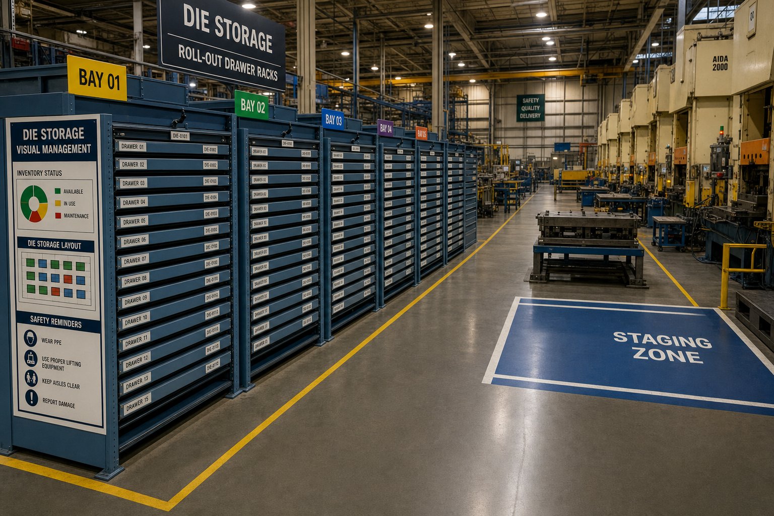 info-1-1 well organized die storage racking with labeled positions and staging area supporting fast press changeover