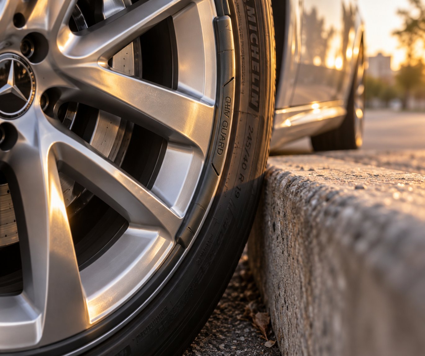 a rim protector installed along the outer edge of an alloy wheel guards against curb contact during parking