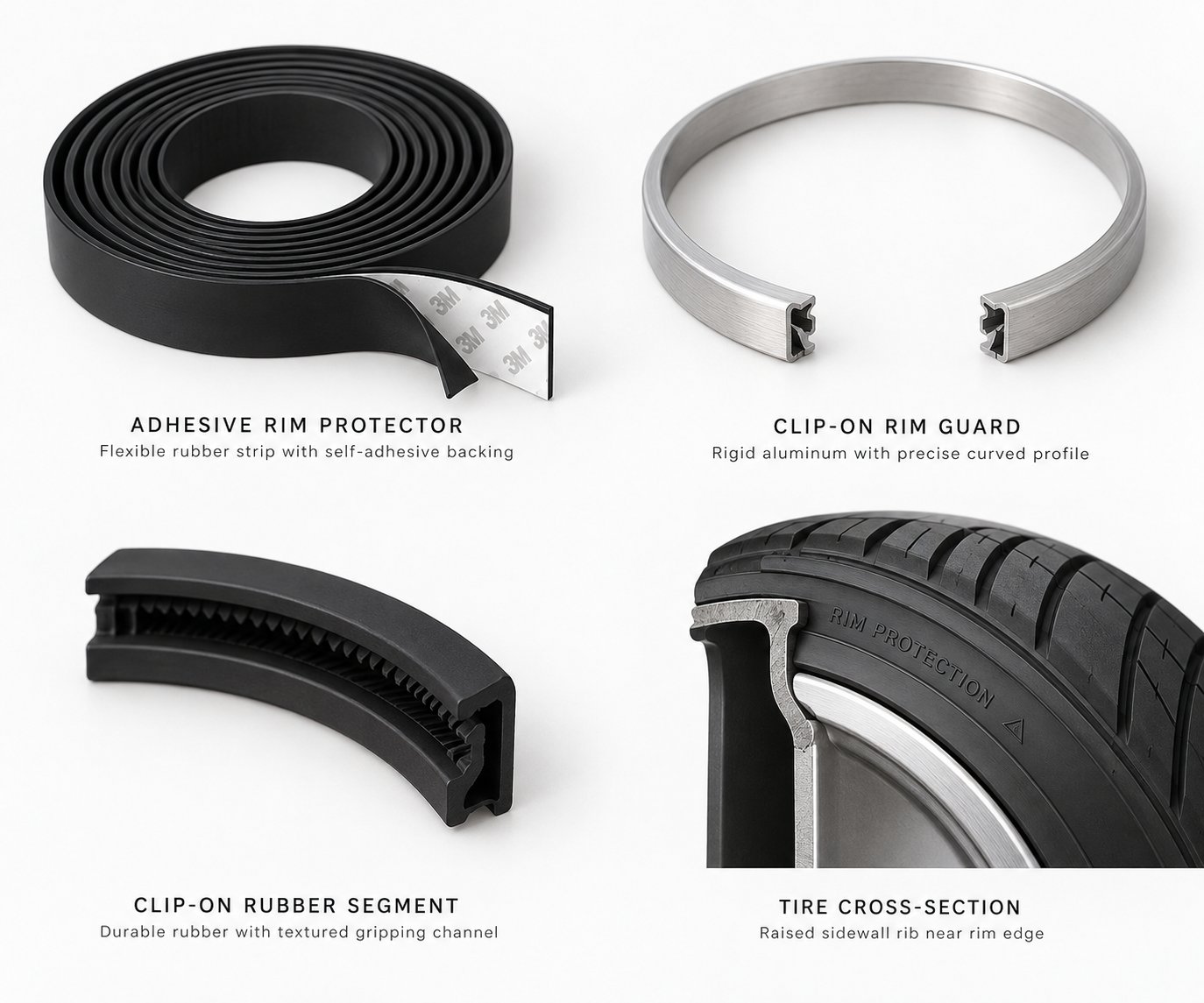 different rim protector types including adhesive strips aluminum guards rubber clip ons and tire integrated ribs