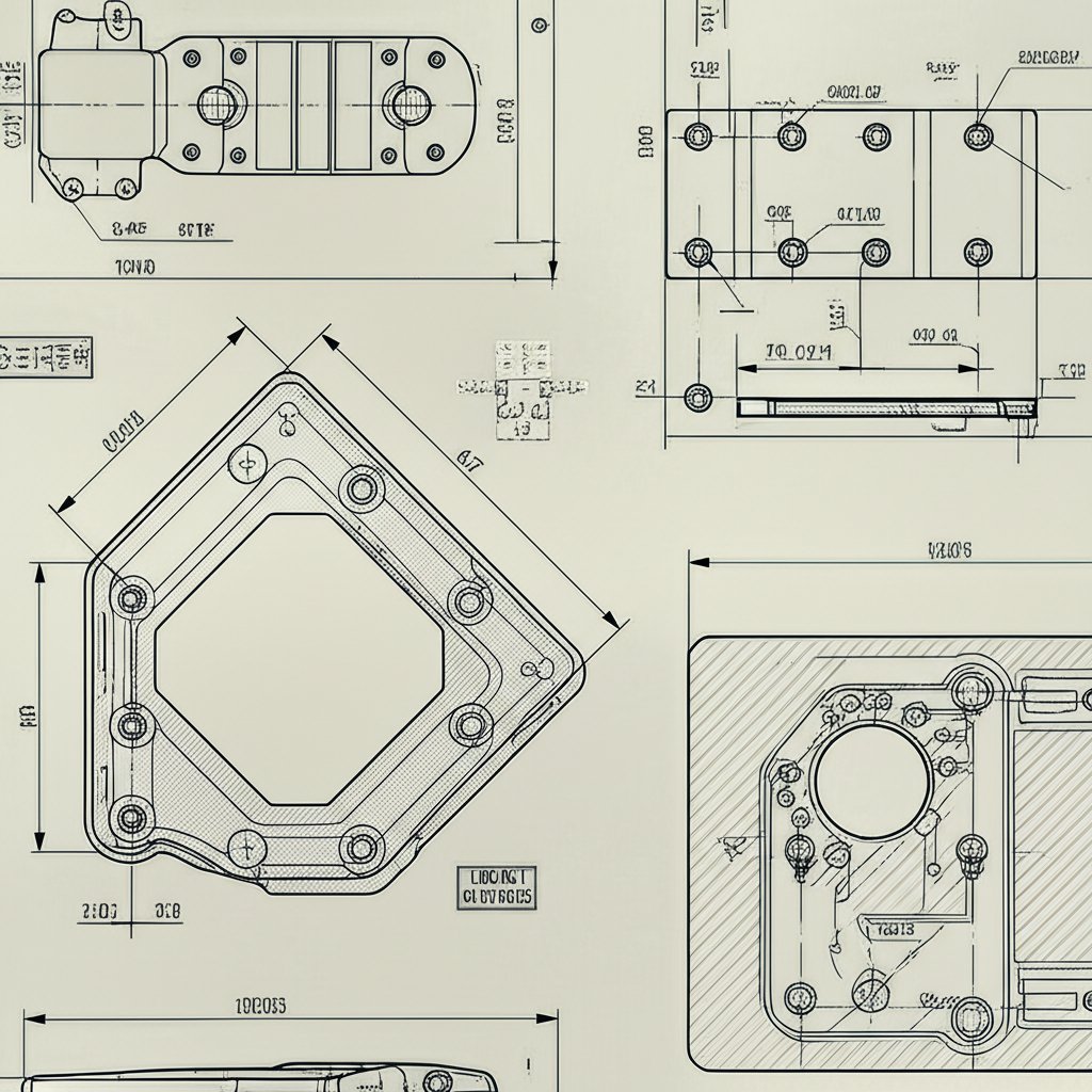 blueprints showing stamped sheet metal design features and tolerances