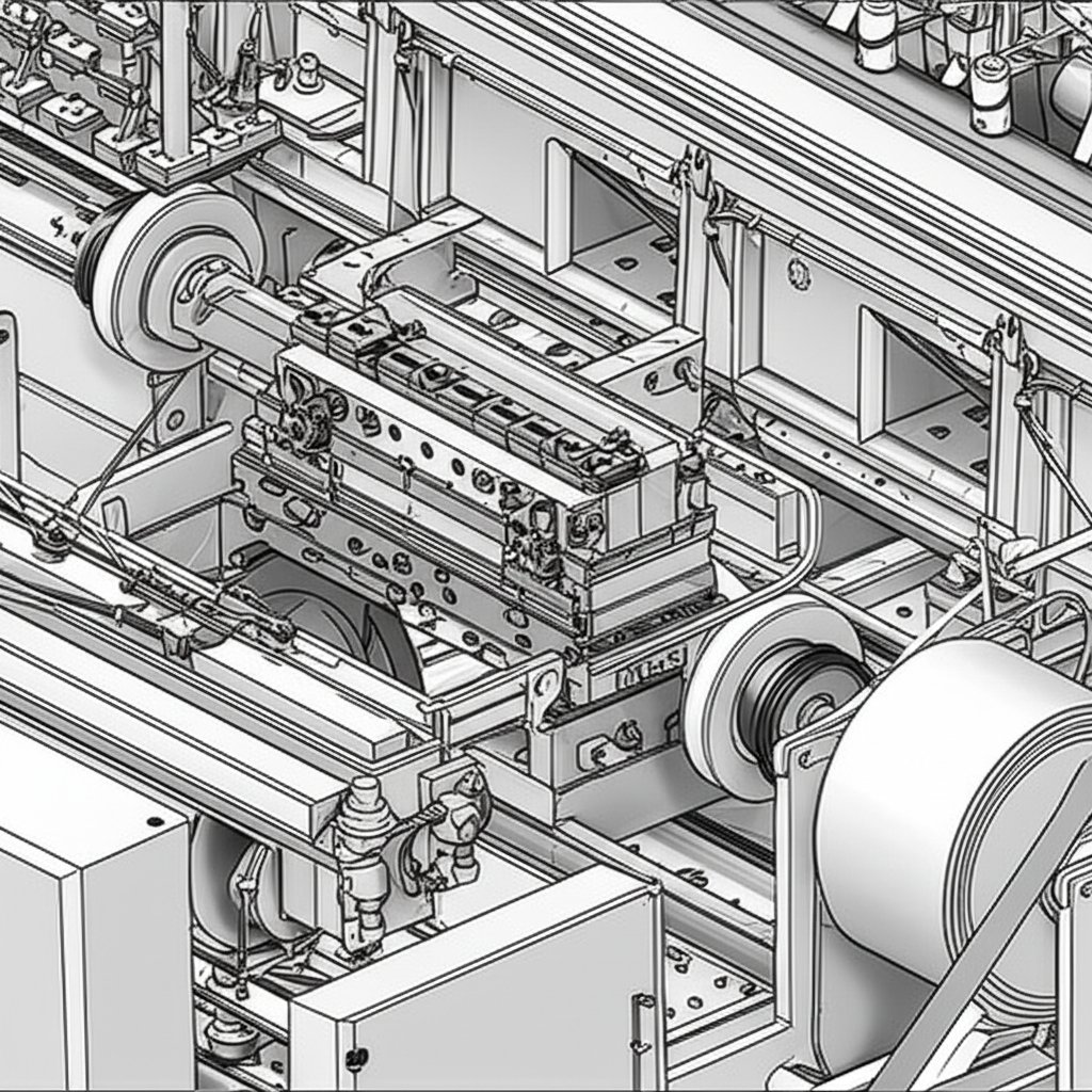 sheet metal progressing through a stamping press with supporting equipment