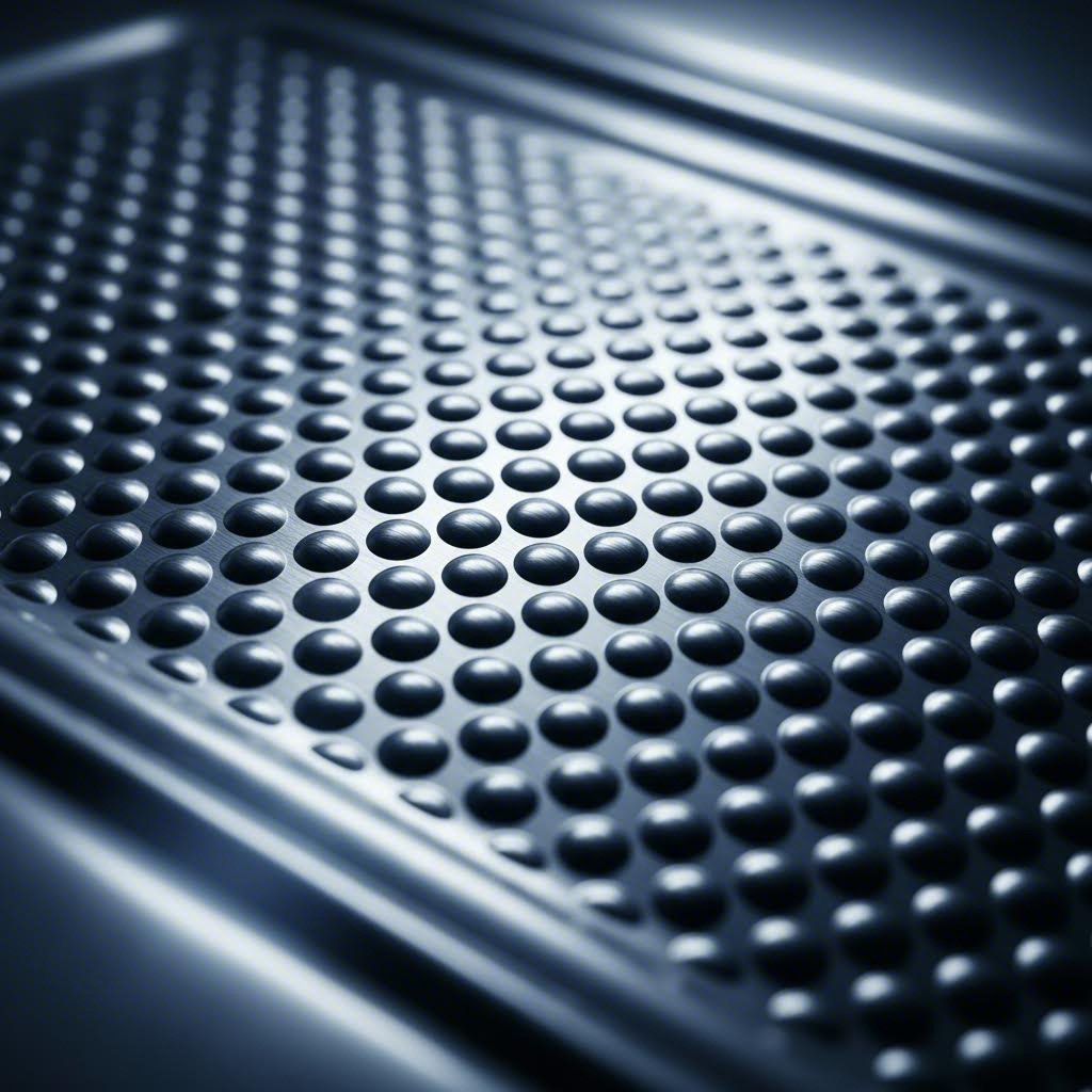 Close up of embossed metal heat shield texture for automotive thermal management