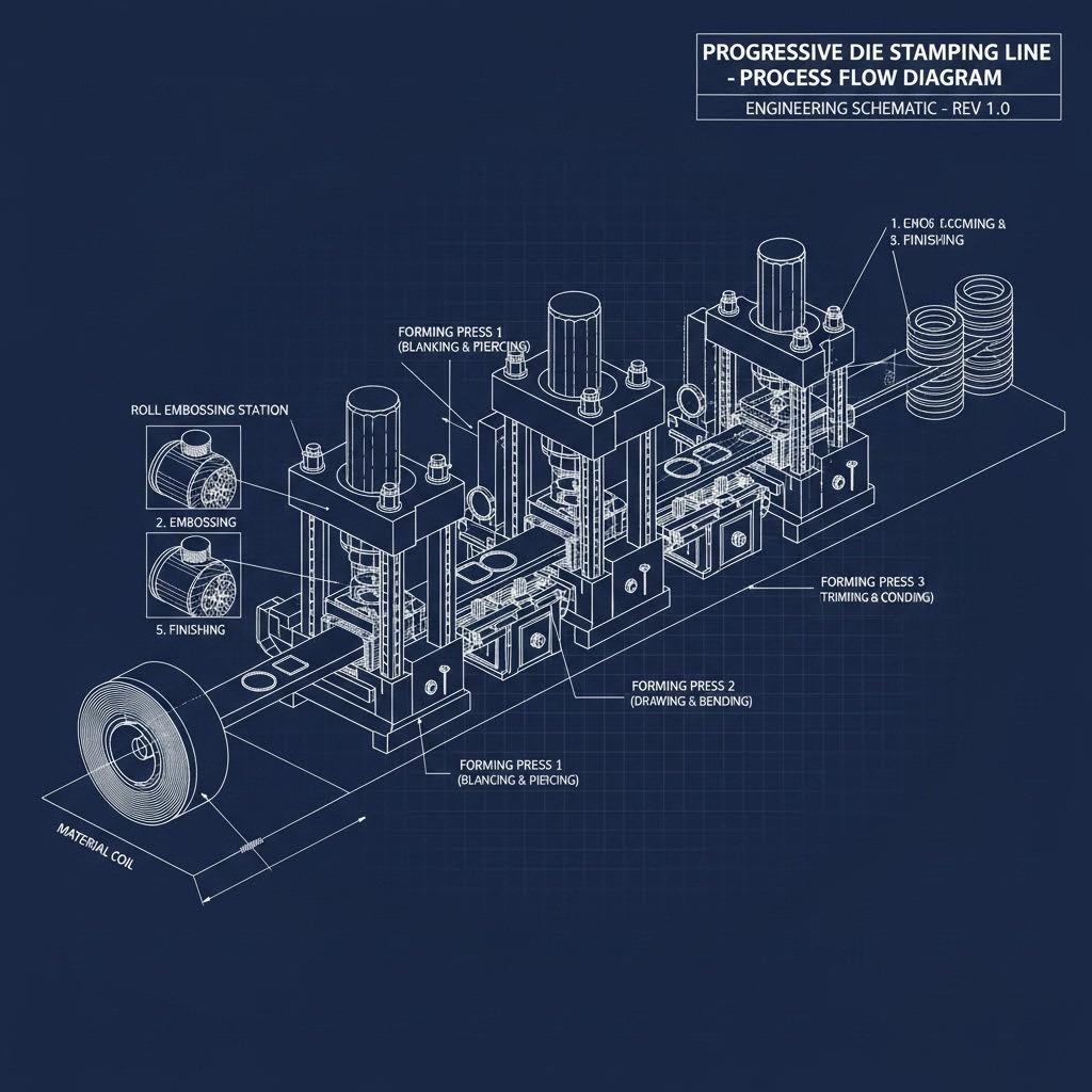 Progressive die stamping sequence showing embossing and forming stages