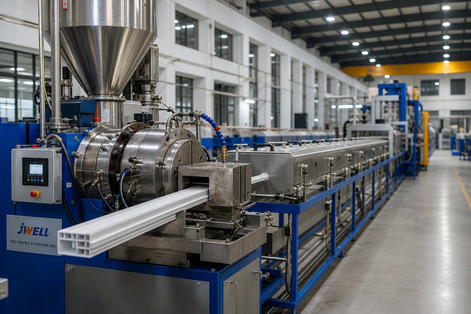 a modern pvc profile extrusion line from extruder to downstream cooling and calibration equipment