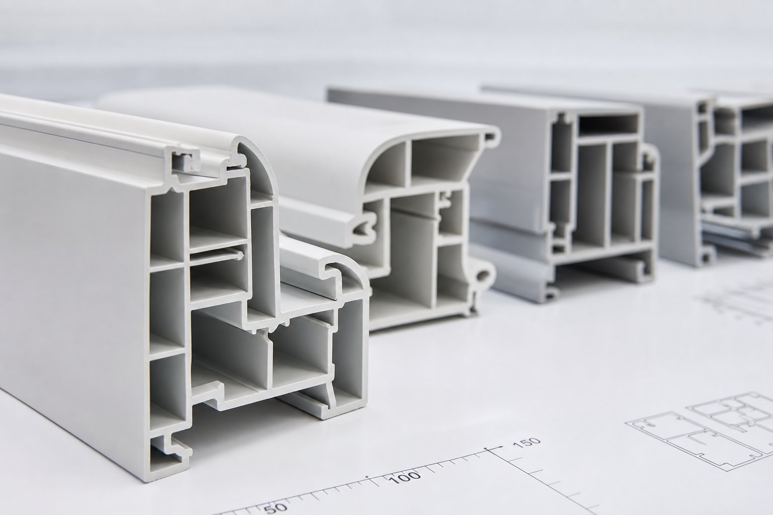 cross section samples of extruded pvc profiles used for quality inspection and dimensional verification
