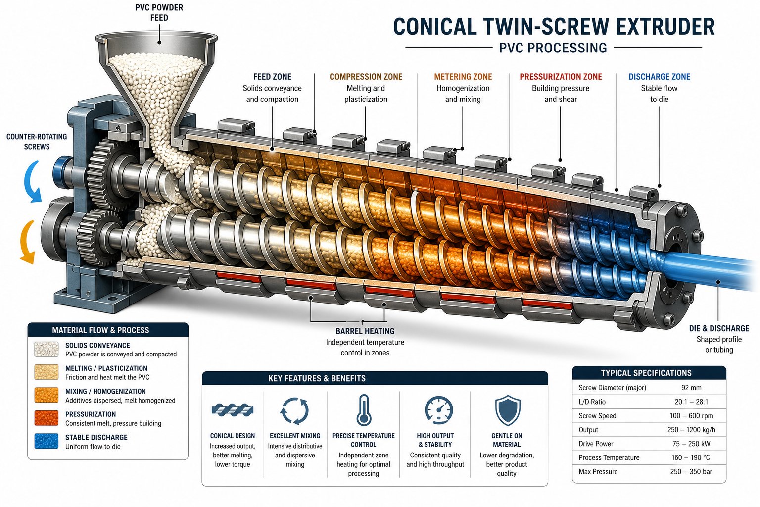cutaway view of a conical twin screw extruder showing material flow from feed zone to die exit