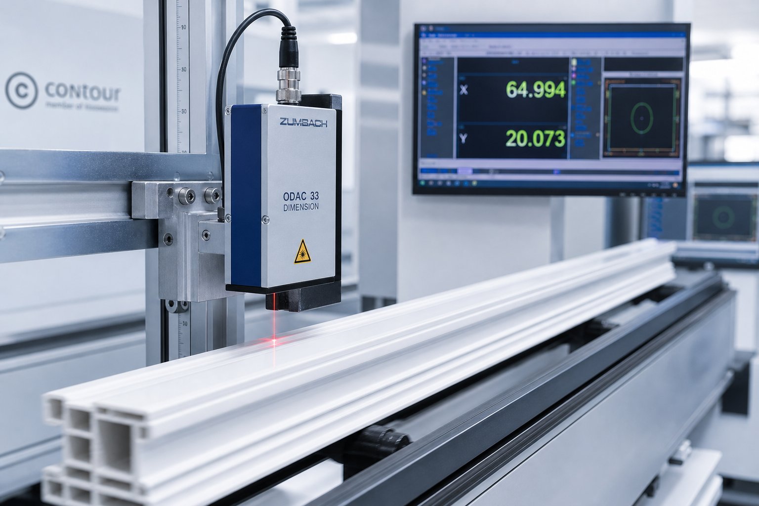 inline laser measurement system monitoring pvc profile dimensions during quality assurance testing