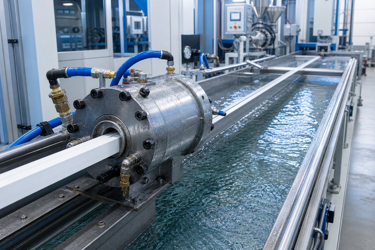 vacuum calibration sleeve and water cooling tanks shaping and solidifying an extruded pvc profile