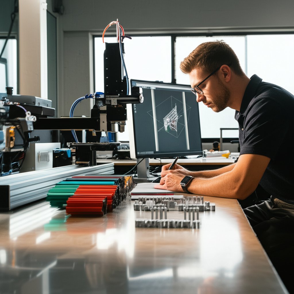 a designer refines a prototype using small batch aluminum extrusions in a fast paced prototyping studio