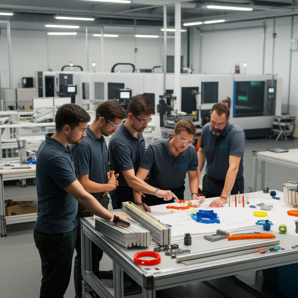 a team collaborates in an advanced aluminum extrusion facility emphasizing small batch precision and engineering expertise