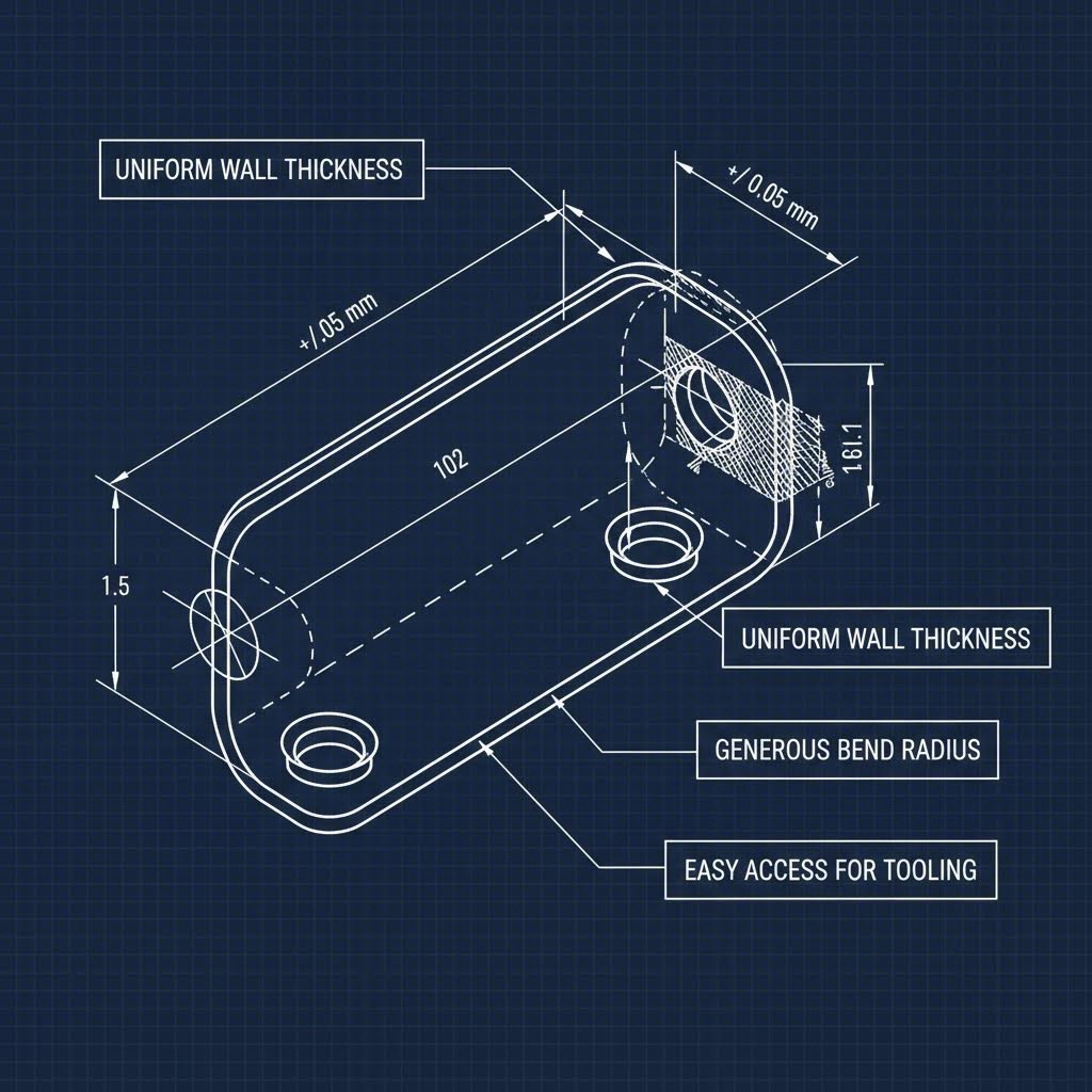 Design for Manufacturability standards showing bend radius and tolerance rules
