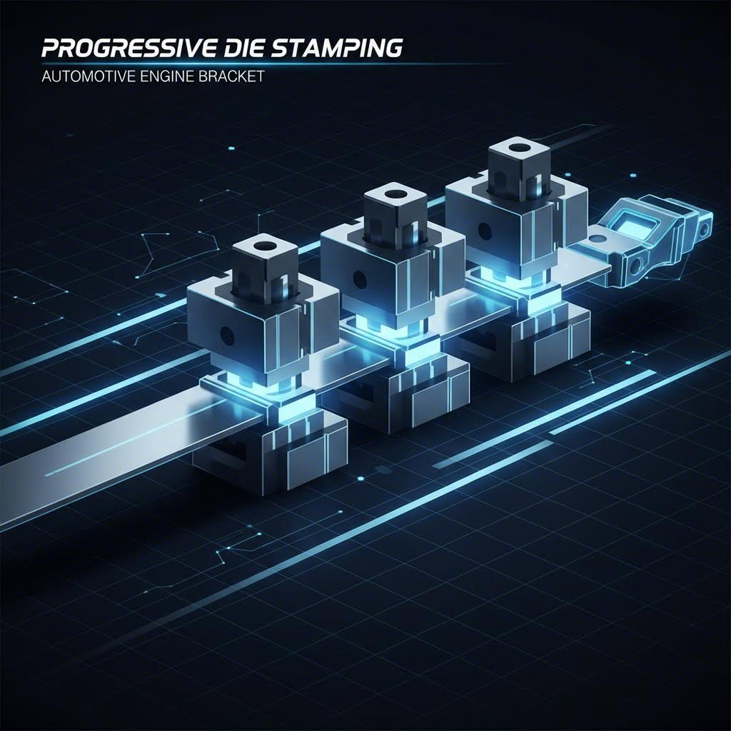Progressive die stamping process transforming steel coil into automotive engine brackets