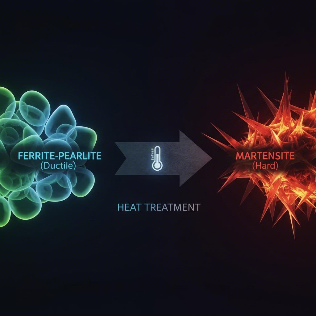 Microstructural transformation from soft ferrite pearlite to hard martensite during quenching