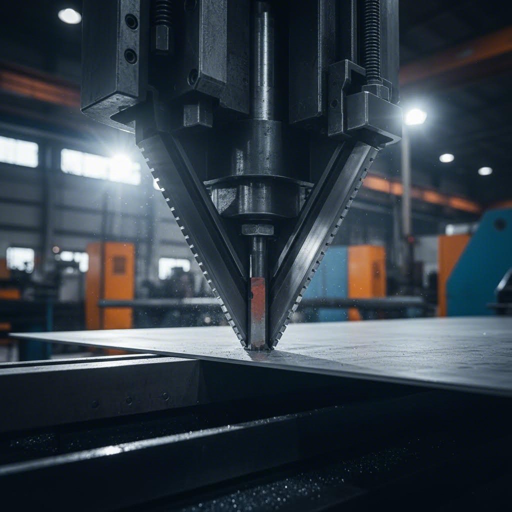 industrial hydraulic shearing machine performing precision metal cutting in a modern fabrication facility