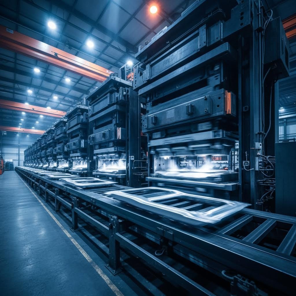 progressive stamping operation showing die sets in automotive manufacturing