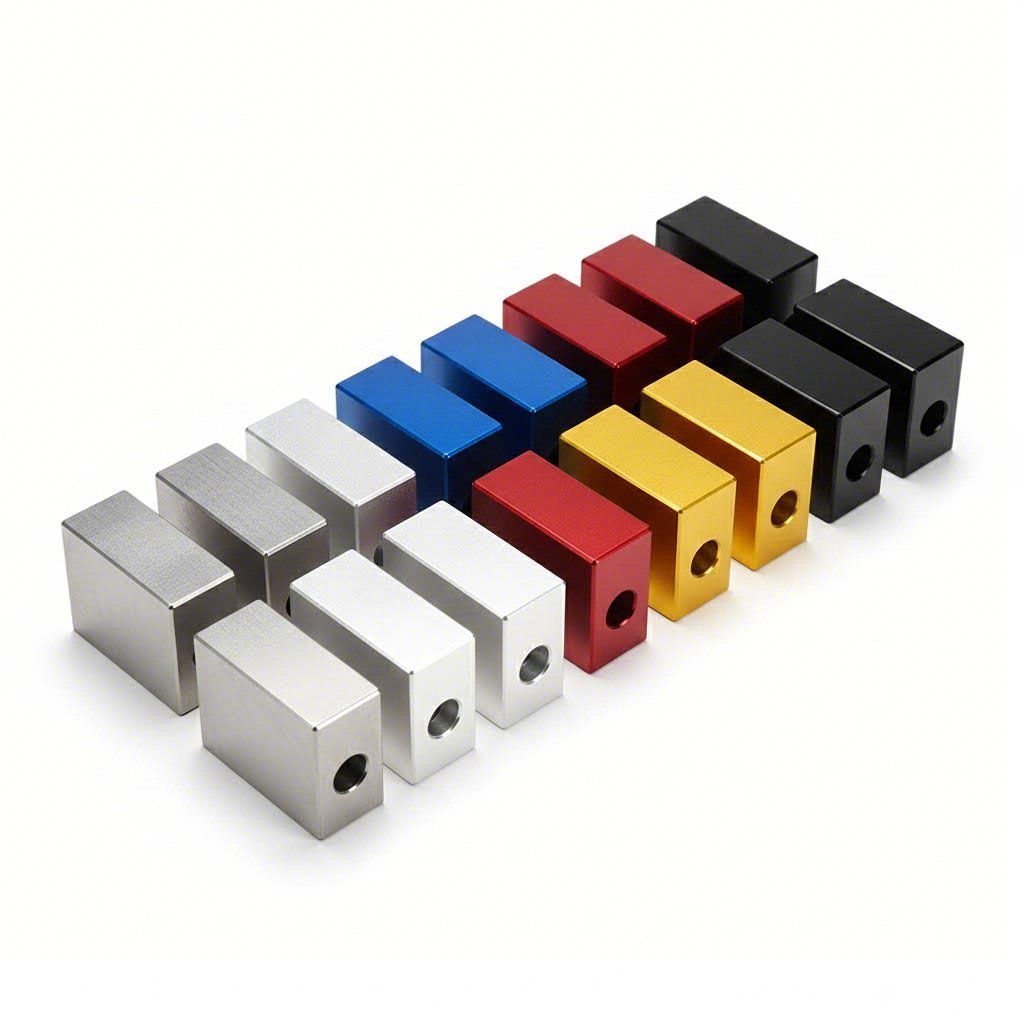 cnc machined parts showing various surface finishing options from raw to anodized