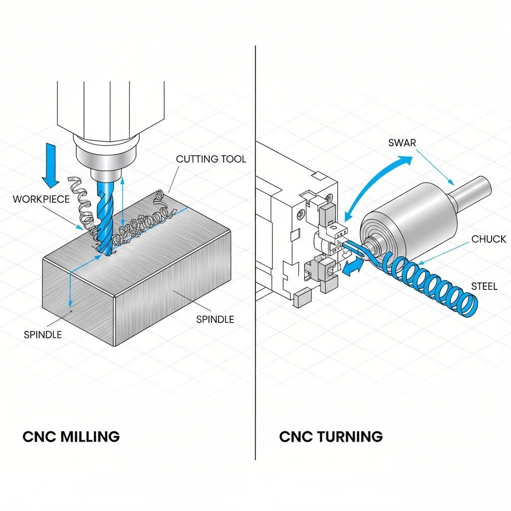 visual comparison of cnc milling versus turning machining processes