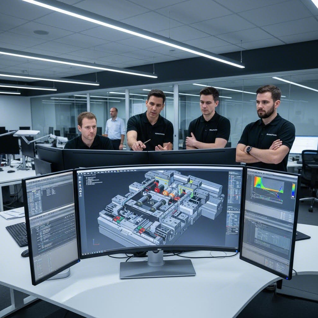 die design engineers analyze 3d models and simulation data during the progressive die development workflow