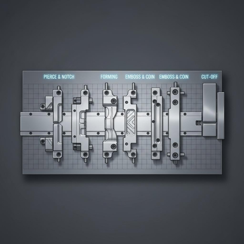 optimized strip layout showing station sequencing and pilot hole placement for consistent part registration