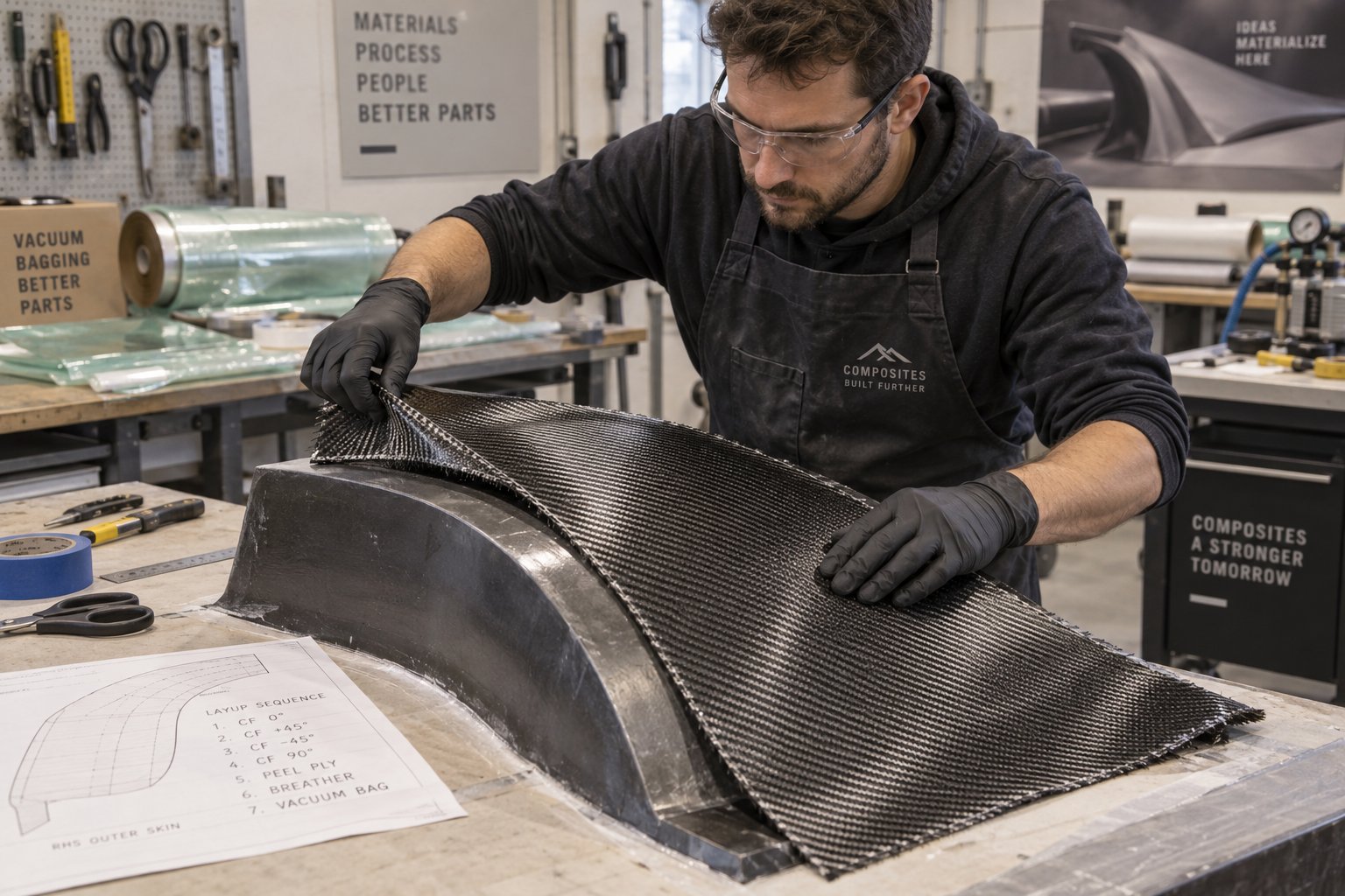 hand layup of carbon fiber requires skilled technicians placing each ply at precise angles adding significant labor cost per part