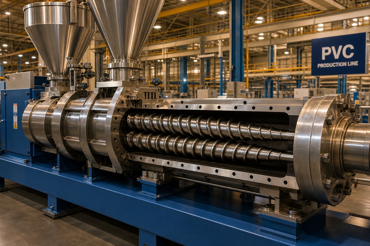 conical twin screw extruder with tapered screws designed for precision pvc processing