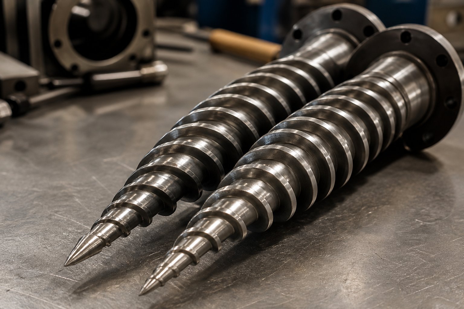 conical twin screw set showing tapered geometry critical for pvc plasticizing performance