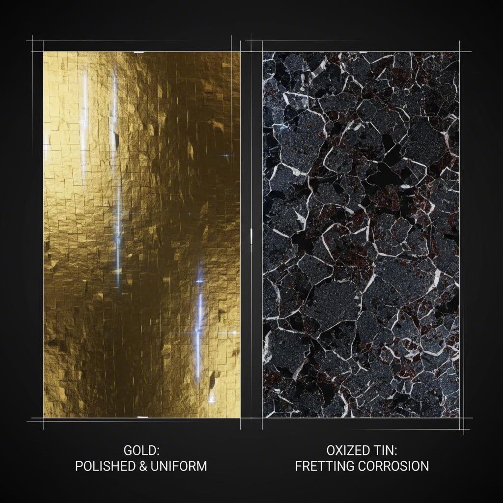 Microscopic comparison of gold plating versus corroded tin surface