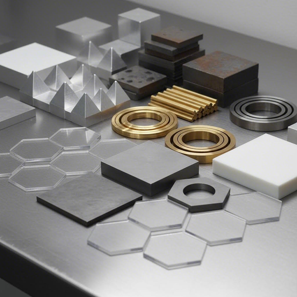 selection of cnc machining materials including aluminum steel brass titanium and engineering plastics