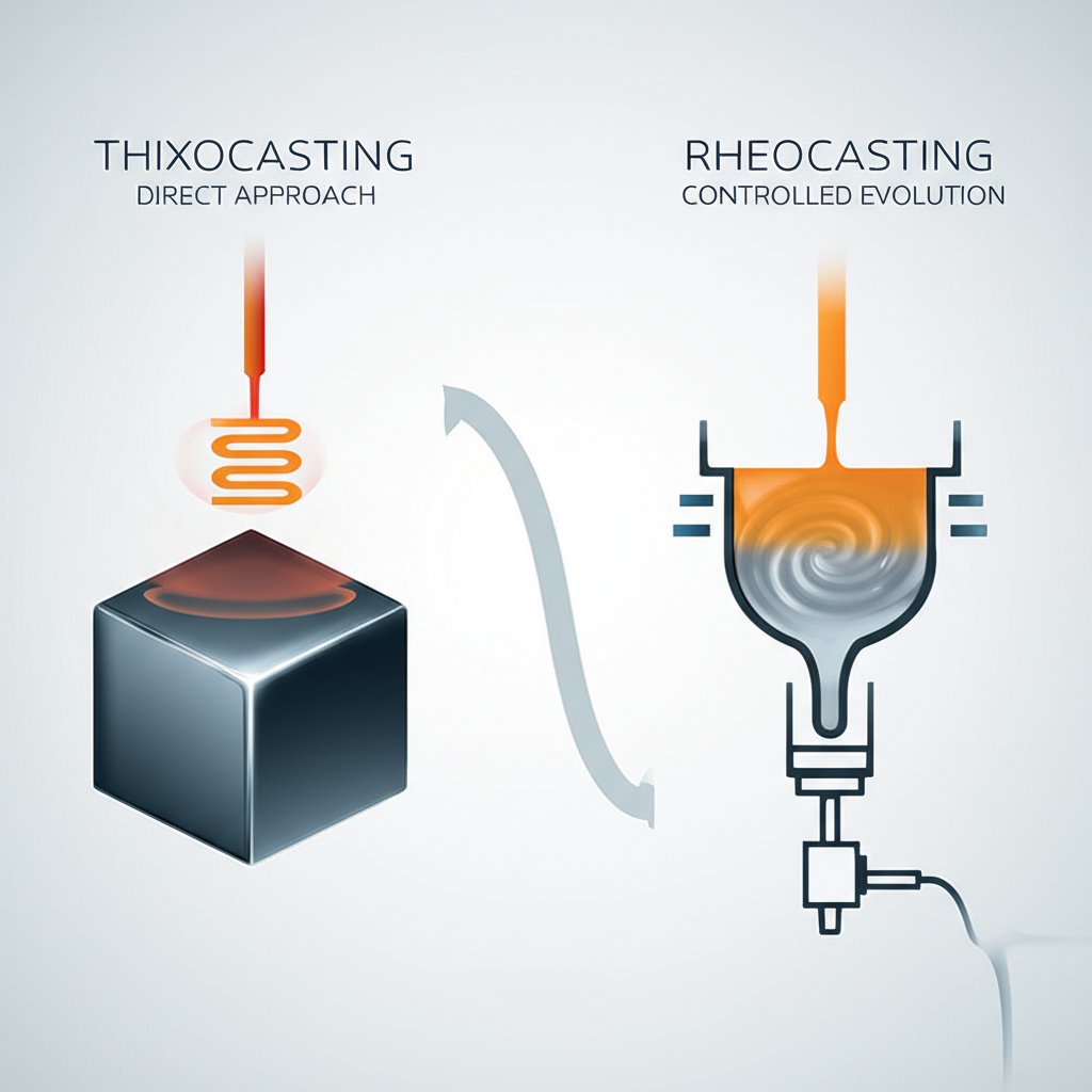 a diagram comparing the thixocasting and rheocasting processes in semi solid metal casting