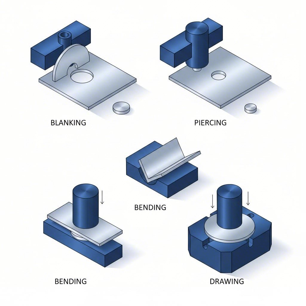 cross section views of core stamping operations including blanking piercing and bending