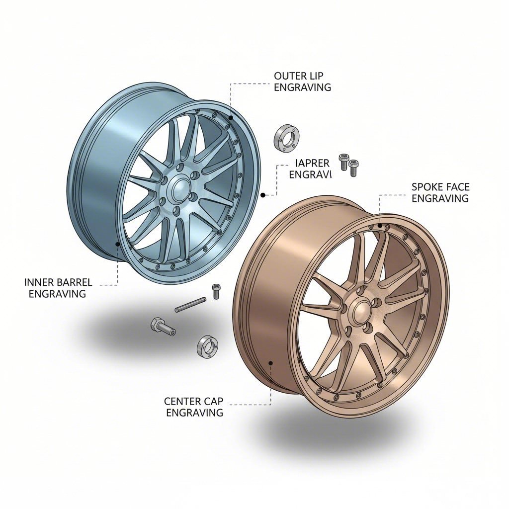 multi piece forged wheels offer multiple distinct engraving placement zones