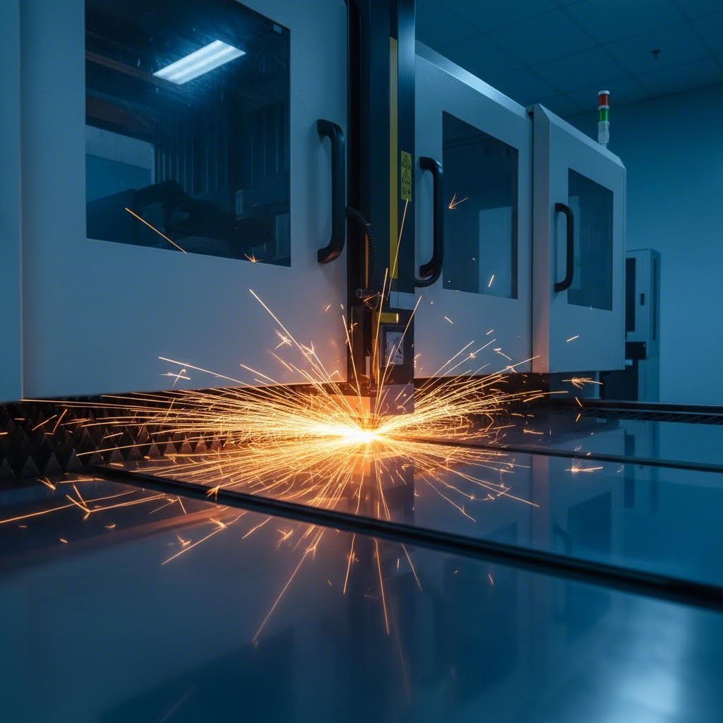 high power fiber laser cutting through steel sheet with precision in a modern manufacturing facility