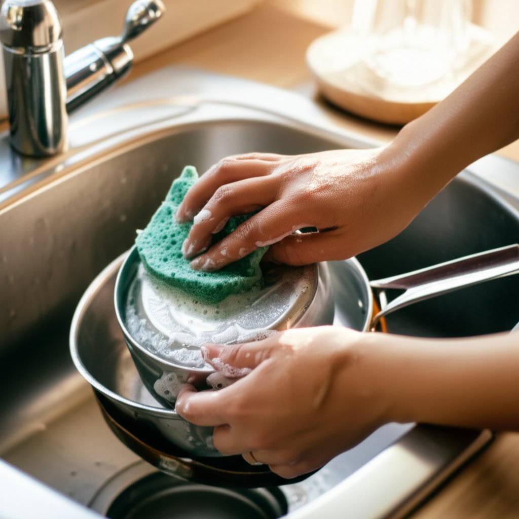 washing aluminum cookware with a soft sponge and gentle soap in a kitchen setting