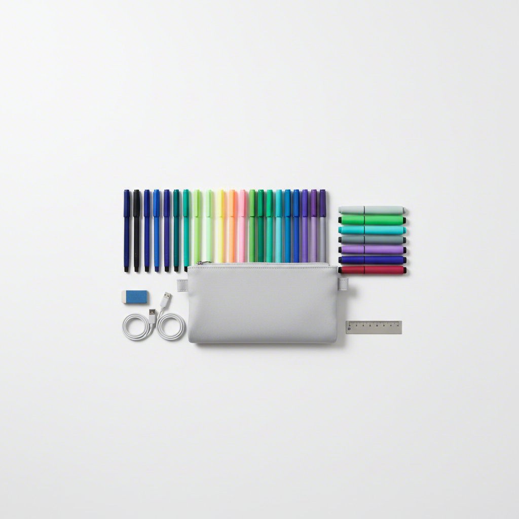 a collection of neatly organized stationery demonstrating effective pencil pouch organization hacks