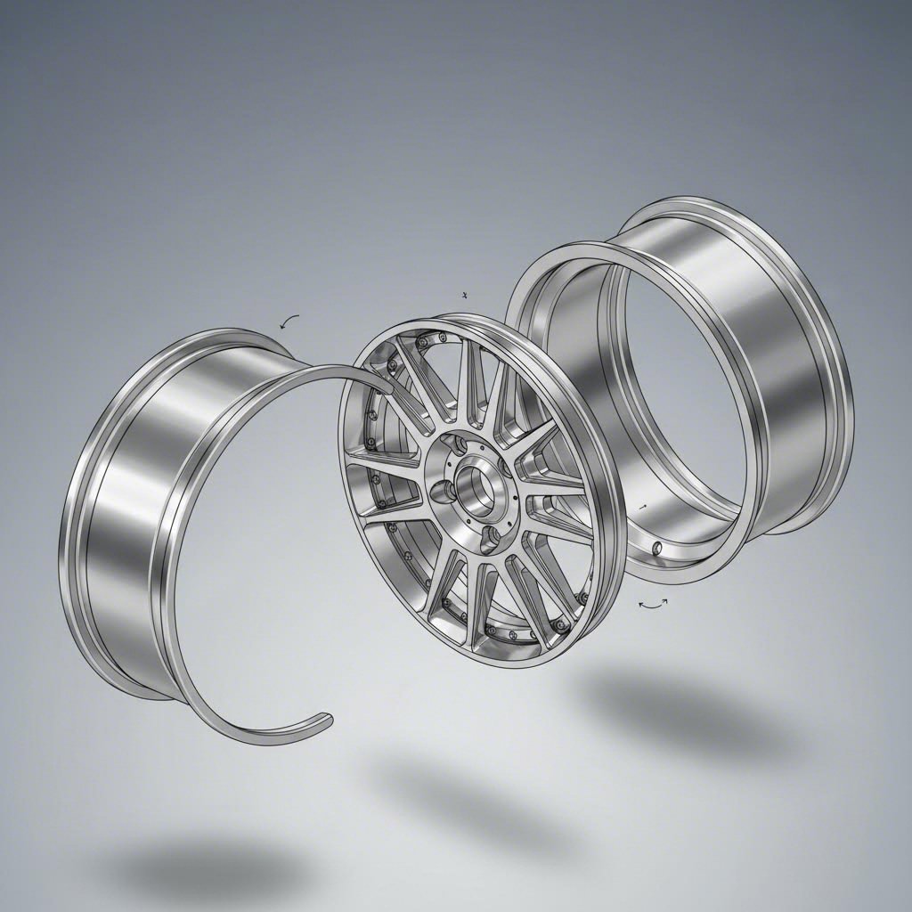 exploded view showing the three separate components of a modular forged wheel assembly