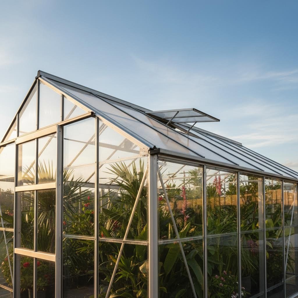 modern greenhouse featuring precision aluminum extrusion framing and polycarbonate glazing panels